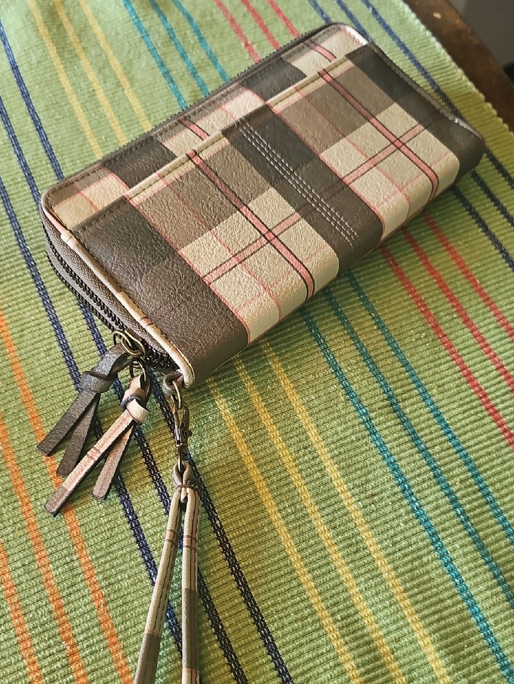 Plaid Zip-Around Wristlet Wallet in Brown & Cream. Safe Keeper.